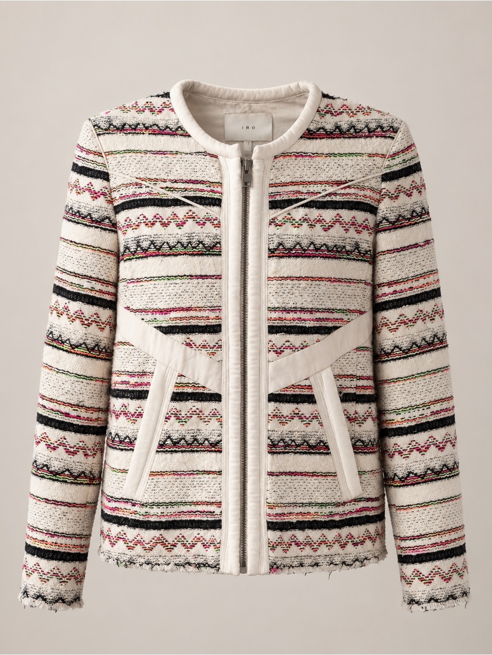 IRO Elomi Cream Tweed Moto Jacket Silk Leather Trim Neon _ French designer